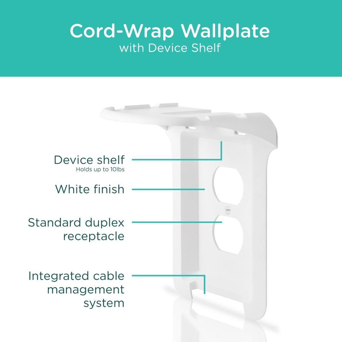 Cordinate Cord-Wrap Duplex Receptacle Wall Plate with Shelf, 2 Pack, White