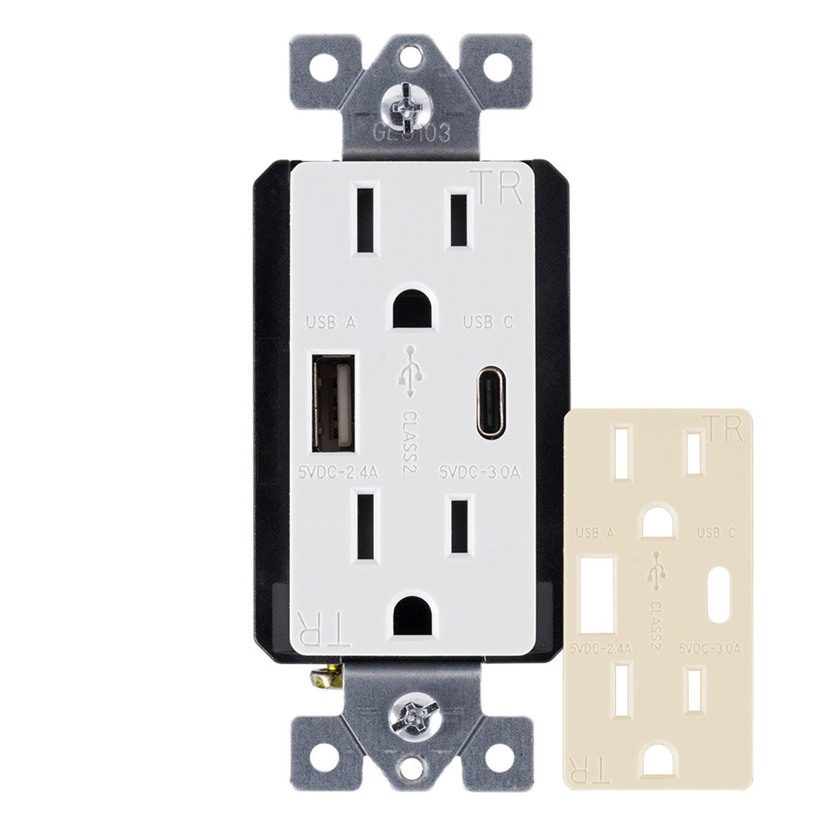 GE UltraPro 2-Outlet 1-USB-C 1-USB Tamper Resistant Receptacle with Changeable Faceplates, White/Almond
