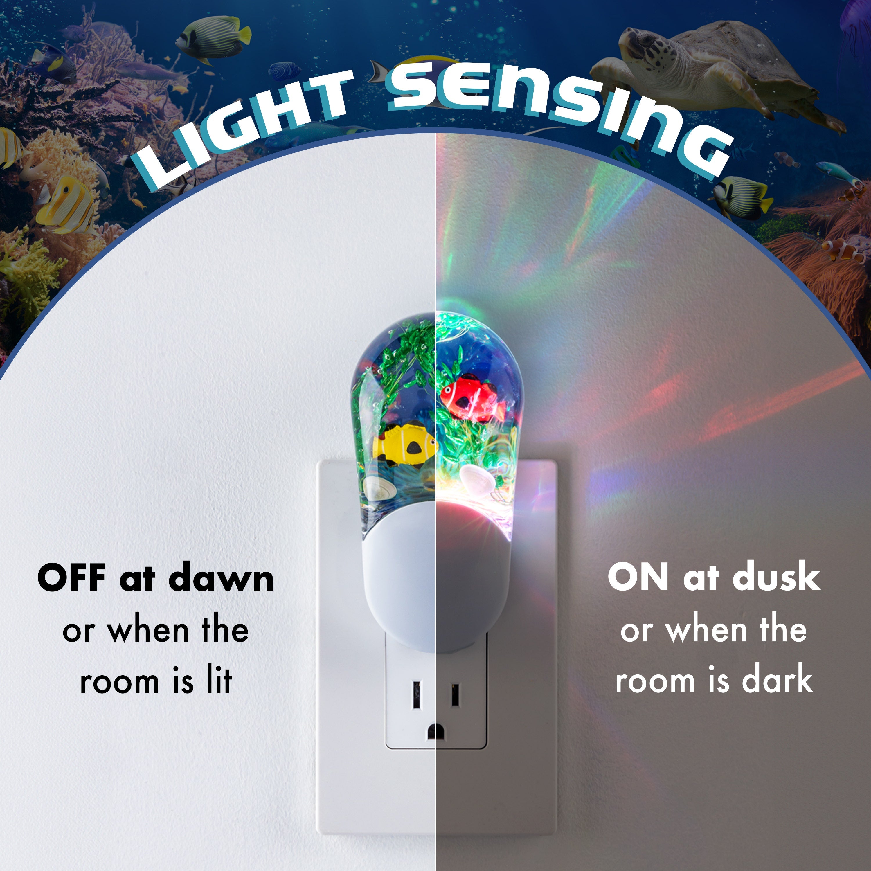 Jasco Aqualites Tropical Fish Light Sensing Plug-In Color-Changing LED Night Light, White