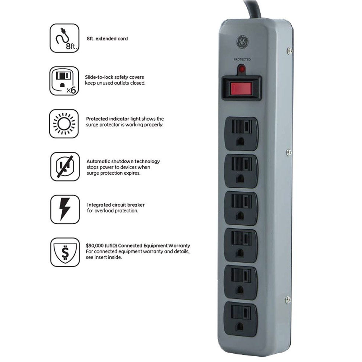 GE 6-Outlet 8ft. Surge Protector with Slide-to-Close Safety Covers, Gray
