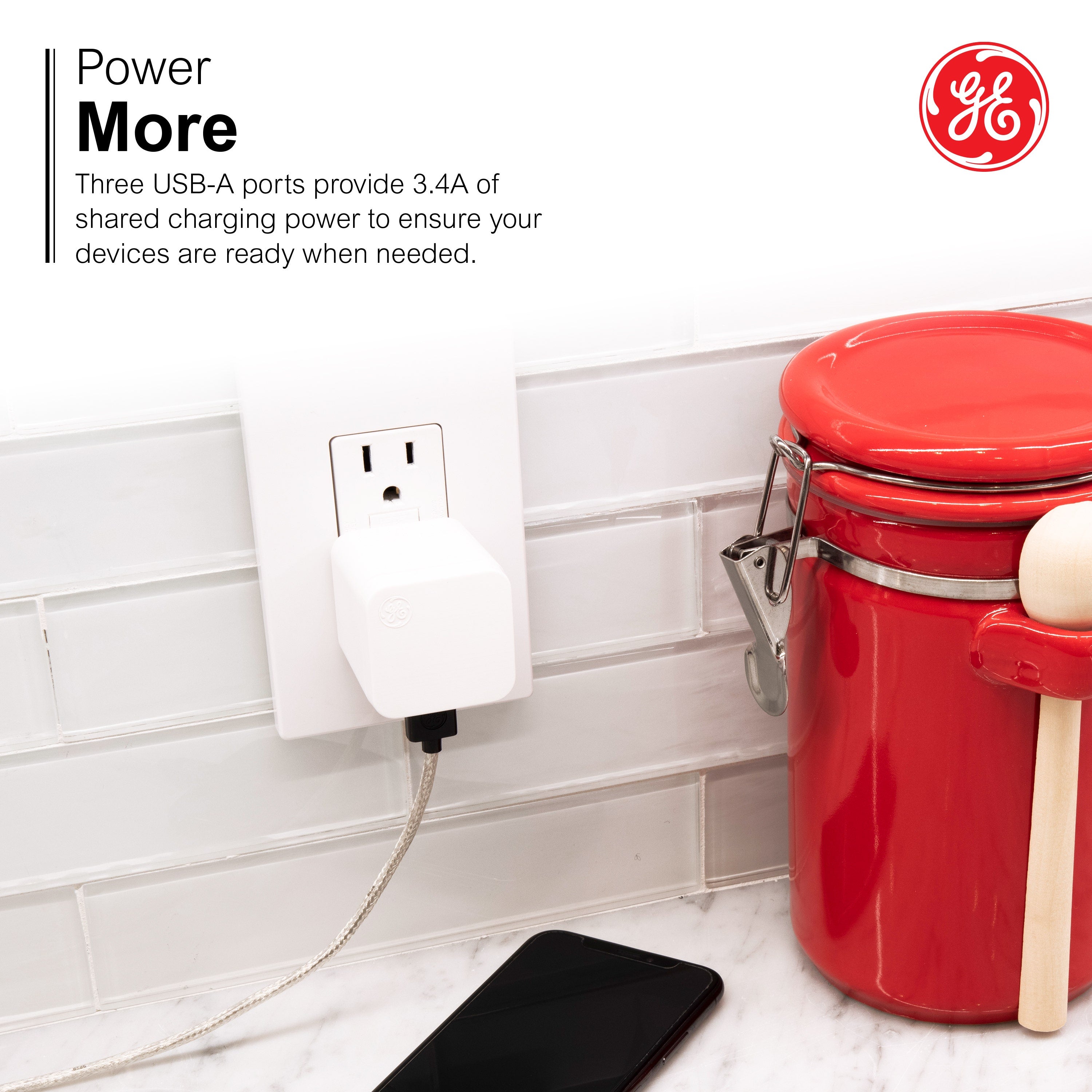 GE UltraPro 3-USB Wall Charger with Foldable Plug, White