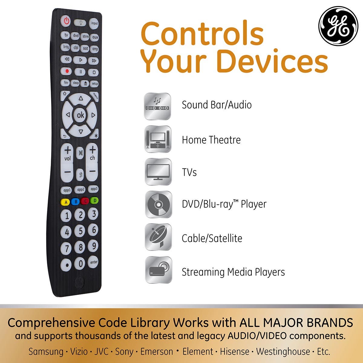 GE 8-Device Backlit Universal Remote, Black