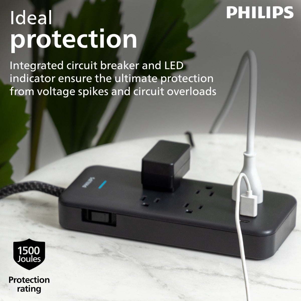 Philips 5-Outlet 6ft. 1 USB-A 1 USB-C Surge Protector With Adapter-Spaced Outlets, Black