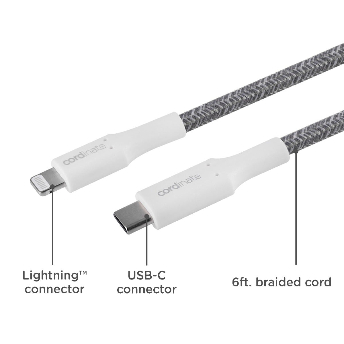 Cordinate 6ft. USB-C Lightning Charging Cable with Braided Cord, White/Gray