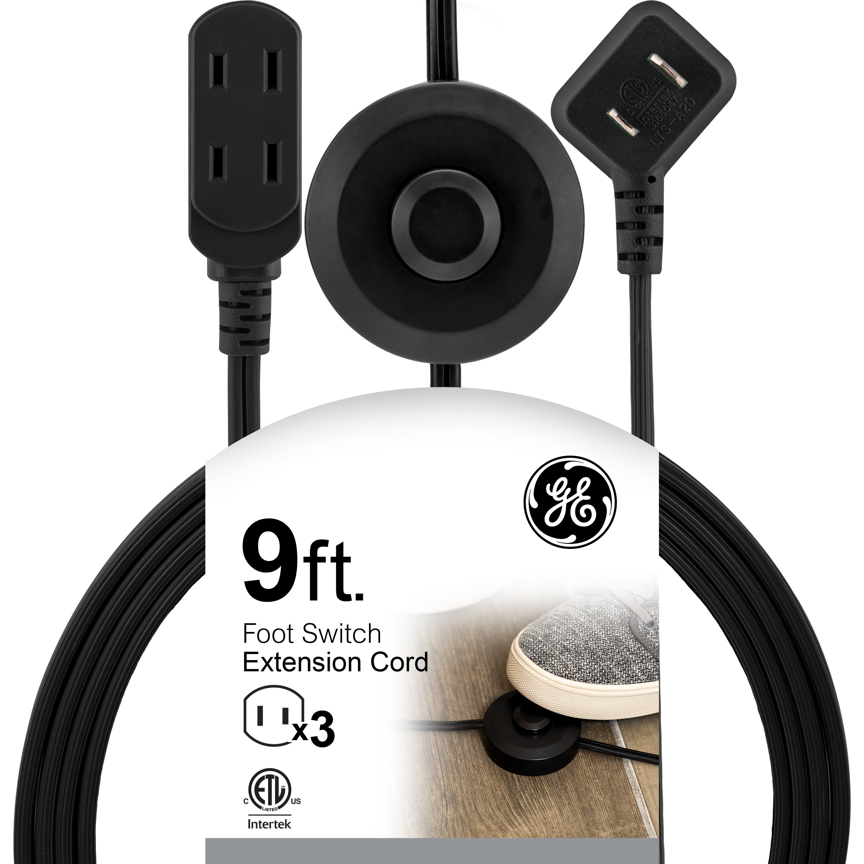 GE 3-Outlet 9ft. Extension Cord with Footswitch, Black