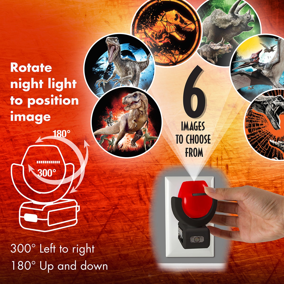 Projectables Jurassic World Light Sensing 6-Image LED Night Light, Black