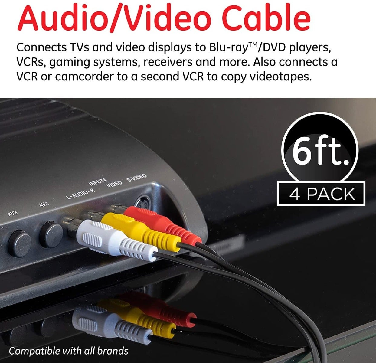 GE 12ft. Composite Audio/Video Cable with RCA-Type Connectors, 4 Pack, Black