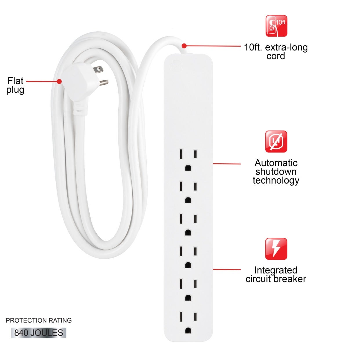 GE 6-Outlet 10ft. Surge Protector, White