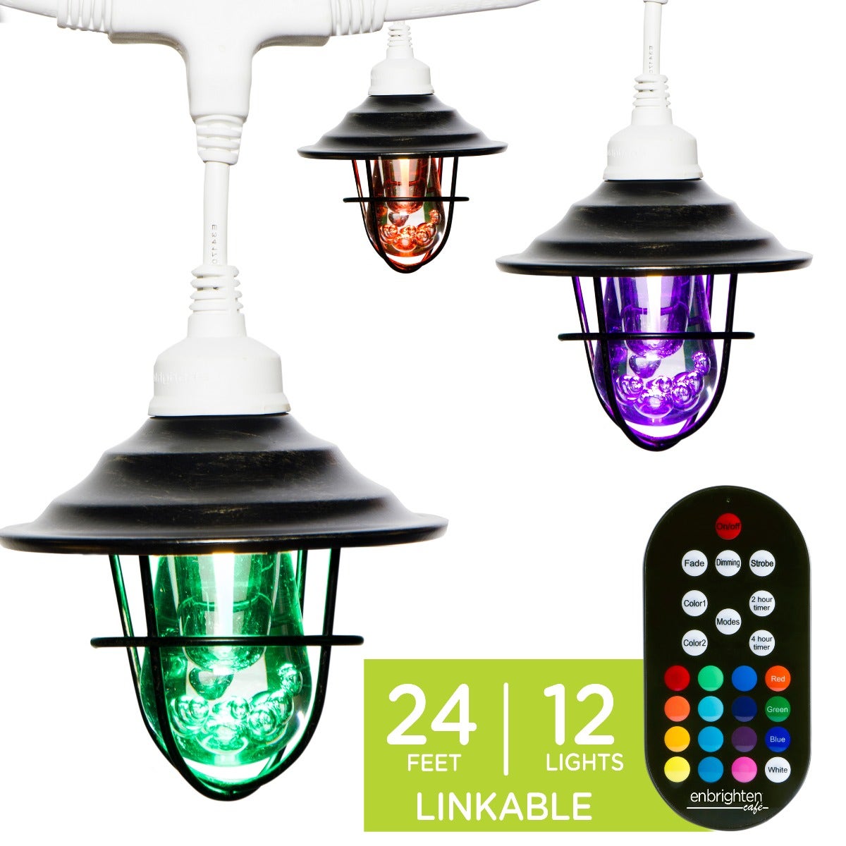 Enbrighten Light Bundle - Seasons Vintage Color-Changing LED Cafe Lights (12 Bulbs, 24ft. White Cord) and 12 Oil-Rubbed Bronze Cage Light Shades