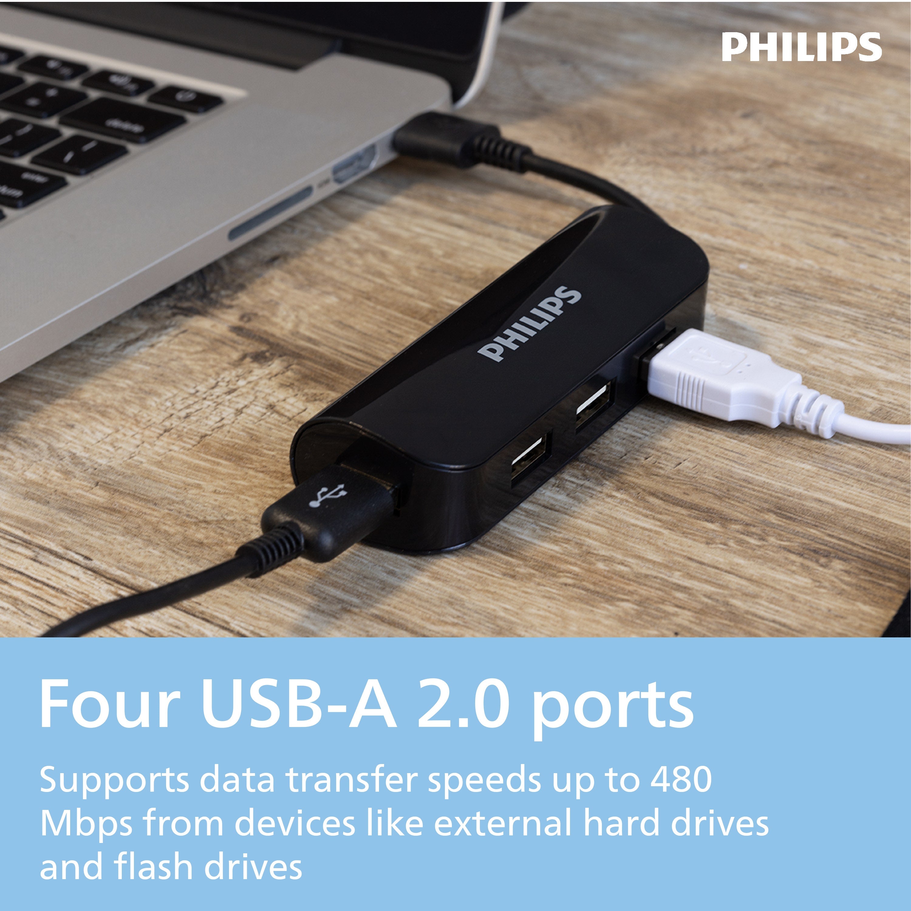 Philips USB-A 4-Port Travel Hub, Black