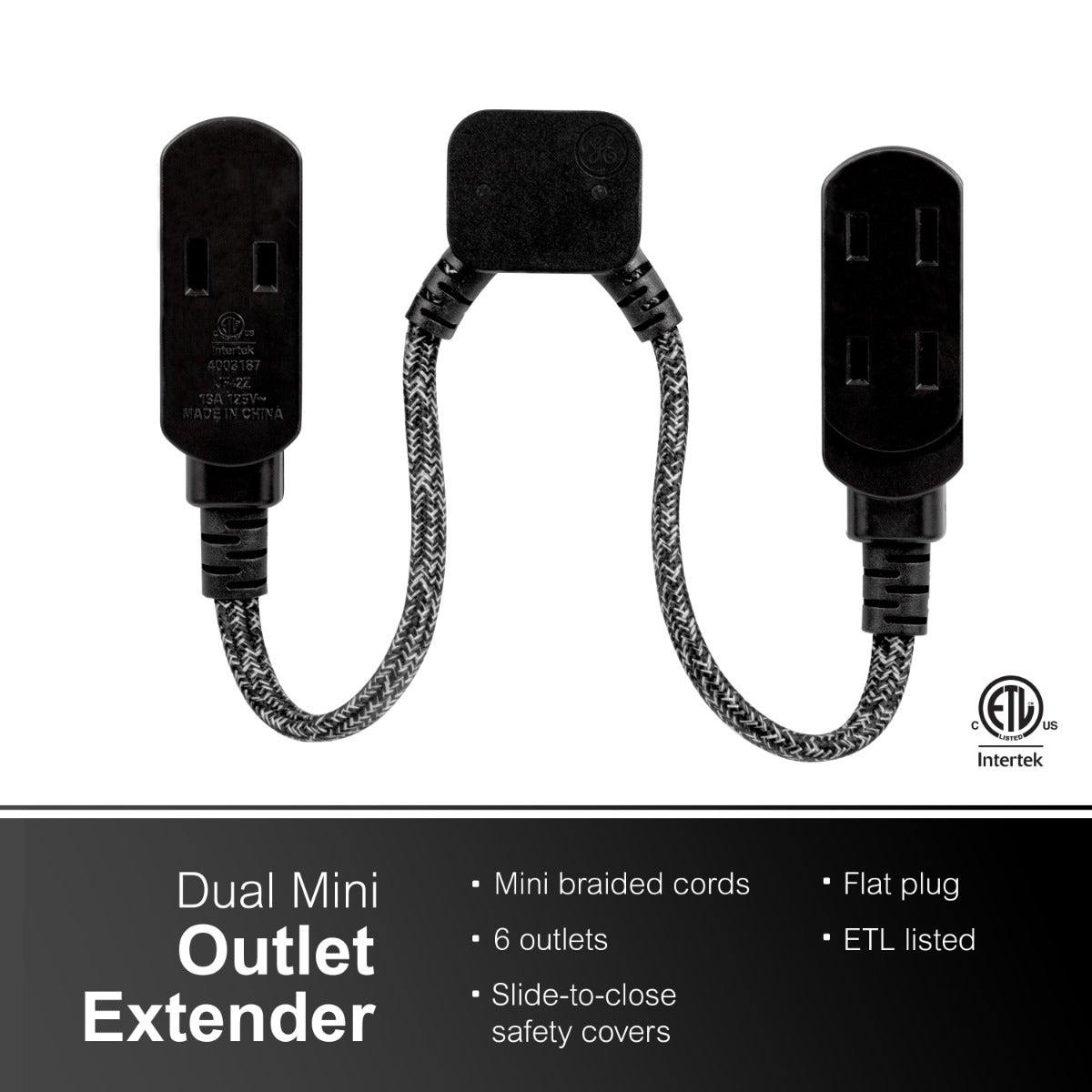 GE 3-Outlet 10in. Dual Split Extension Cord, Black