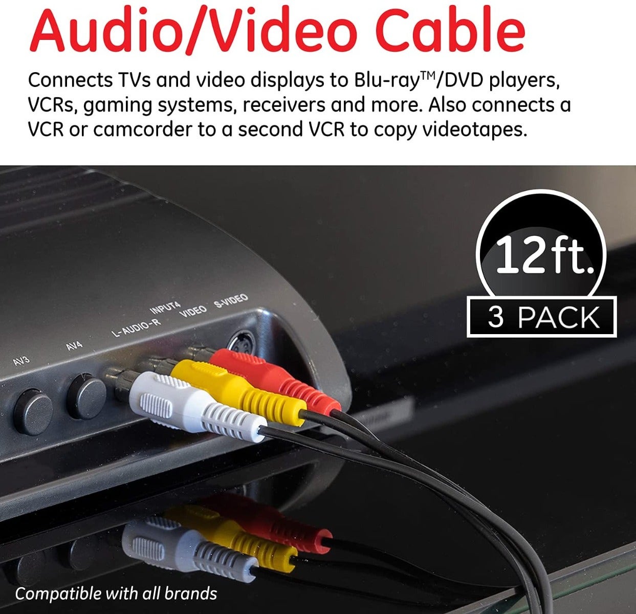GE 12ft. Composite Audio/Video Cable with RCA-Type Connectors, 3 Pack, Black