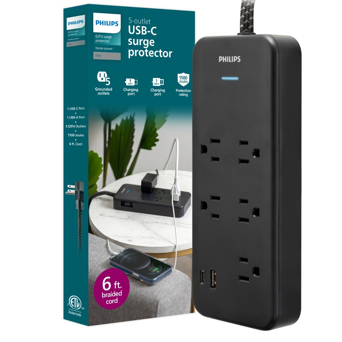Philips 5-Outlet 6ft. 1 USB-A 1 USB-C Surge Protector With Adapter-Spaced Outlets, Black