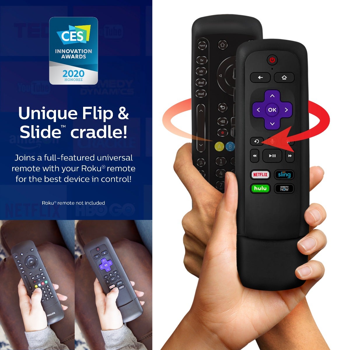 Philips 4-Device Universal Companion Remote for Roku with Flip and Slide Cradle, Black