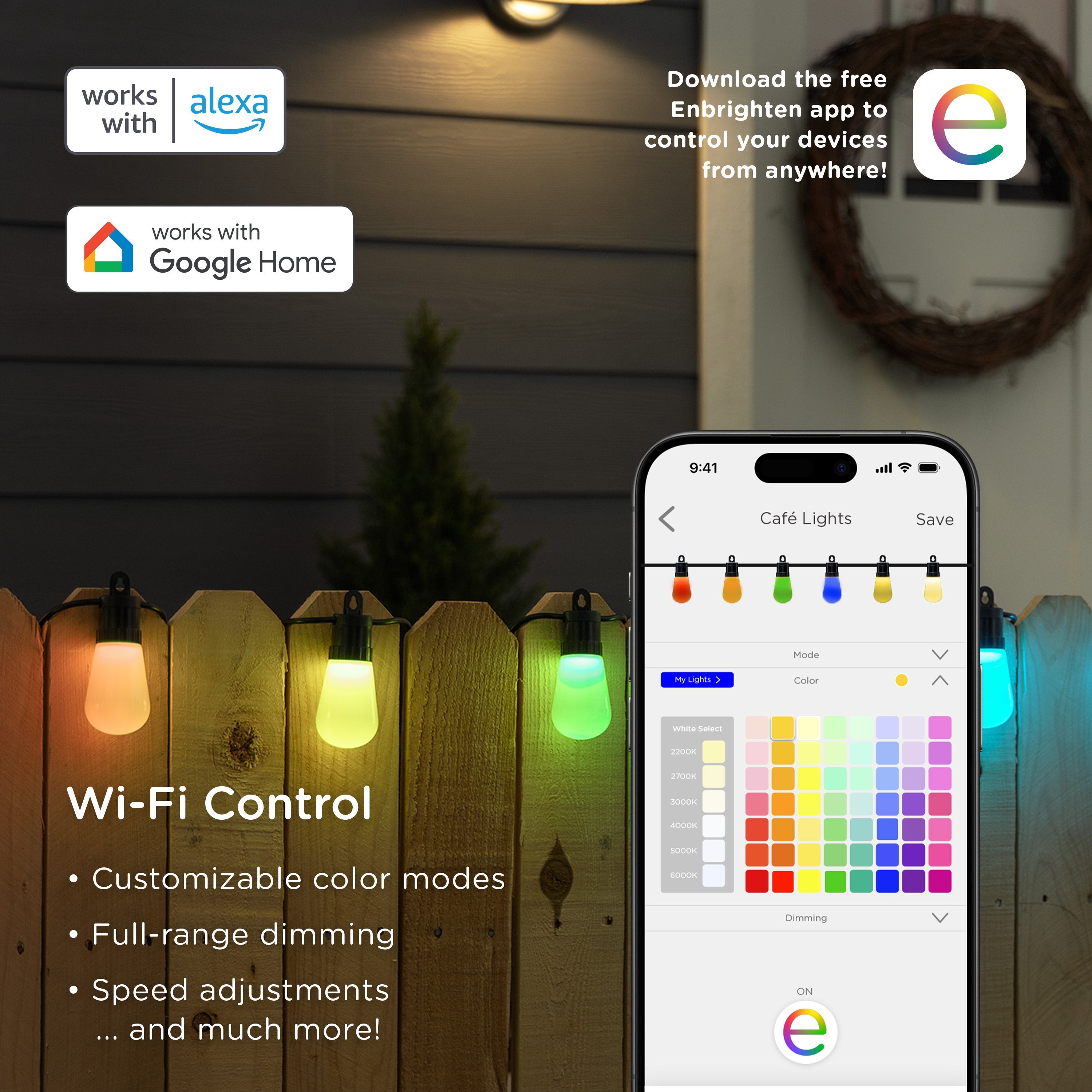 Enbrighten WiFi VIBE Color-Changing Lightweight LED Cafe Lights, 30 Plastic Bulbs, 96ft. Black Cord