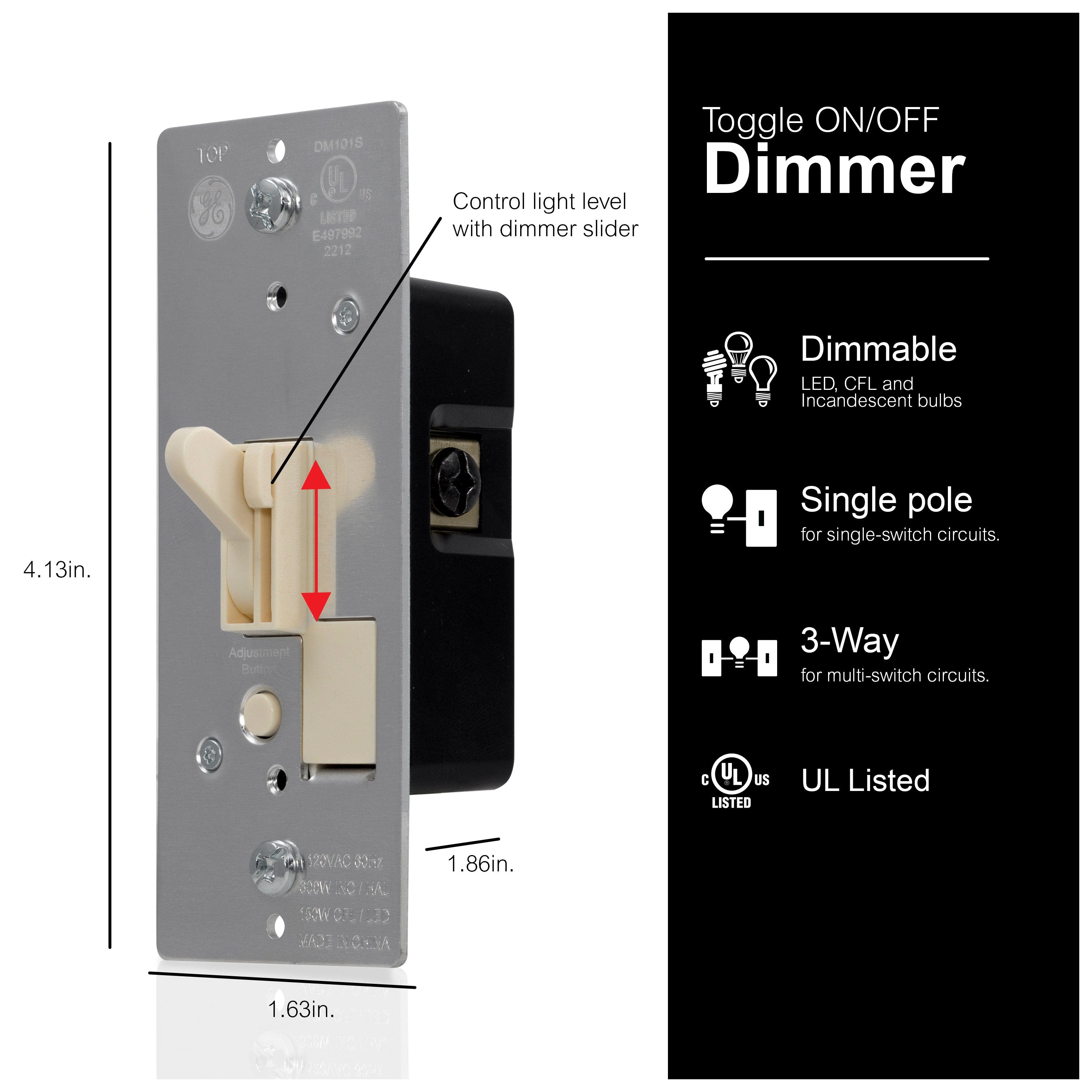 GE On/Off Single Pole Toggle Dimmer, Light Almond