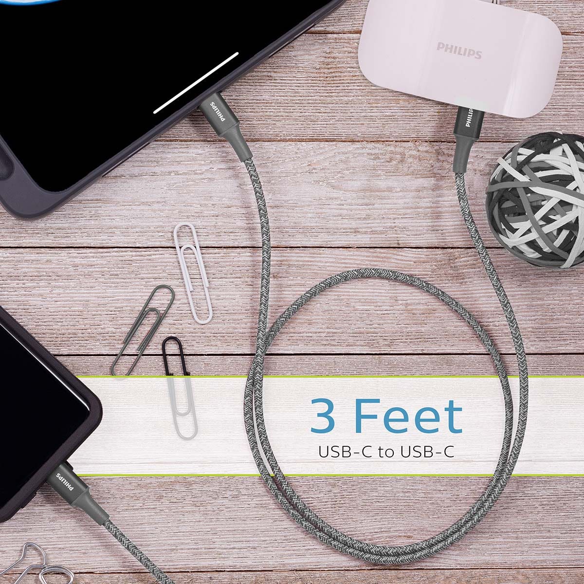 Philips 3ft. USB-C to USB-C Braided Charging Cable, Gray