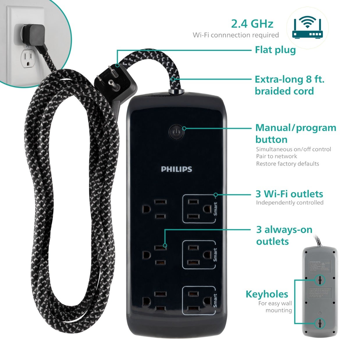 Philips 6-Outlet 8ft. WiFi Braided Extension Cord with Surge Protection, Black