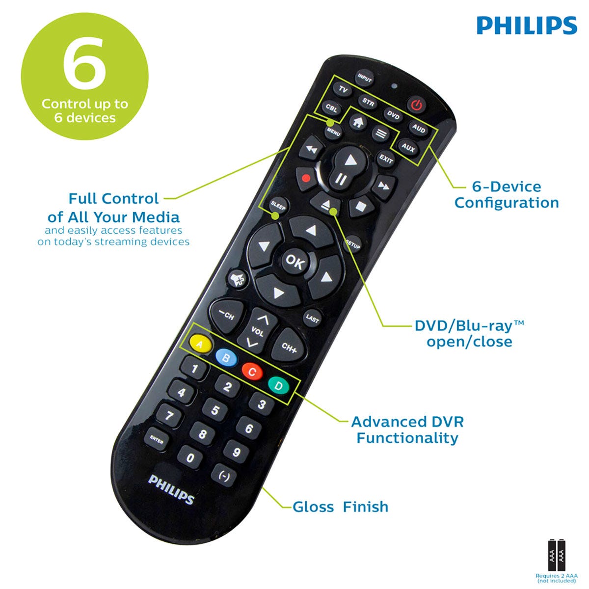 Philips 6-Device Universal Remote, Black