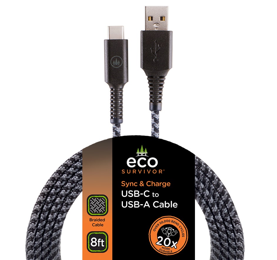 EcoSurvivor 8ft. USB-A to USB-C Charging Cable with Braided Cord, Black/Gray