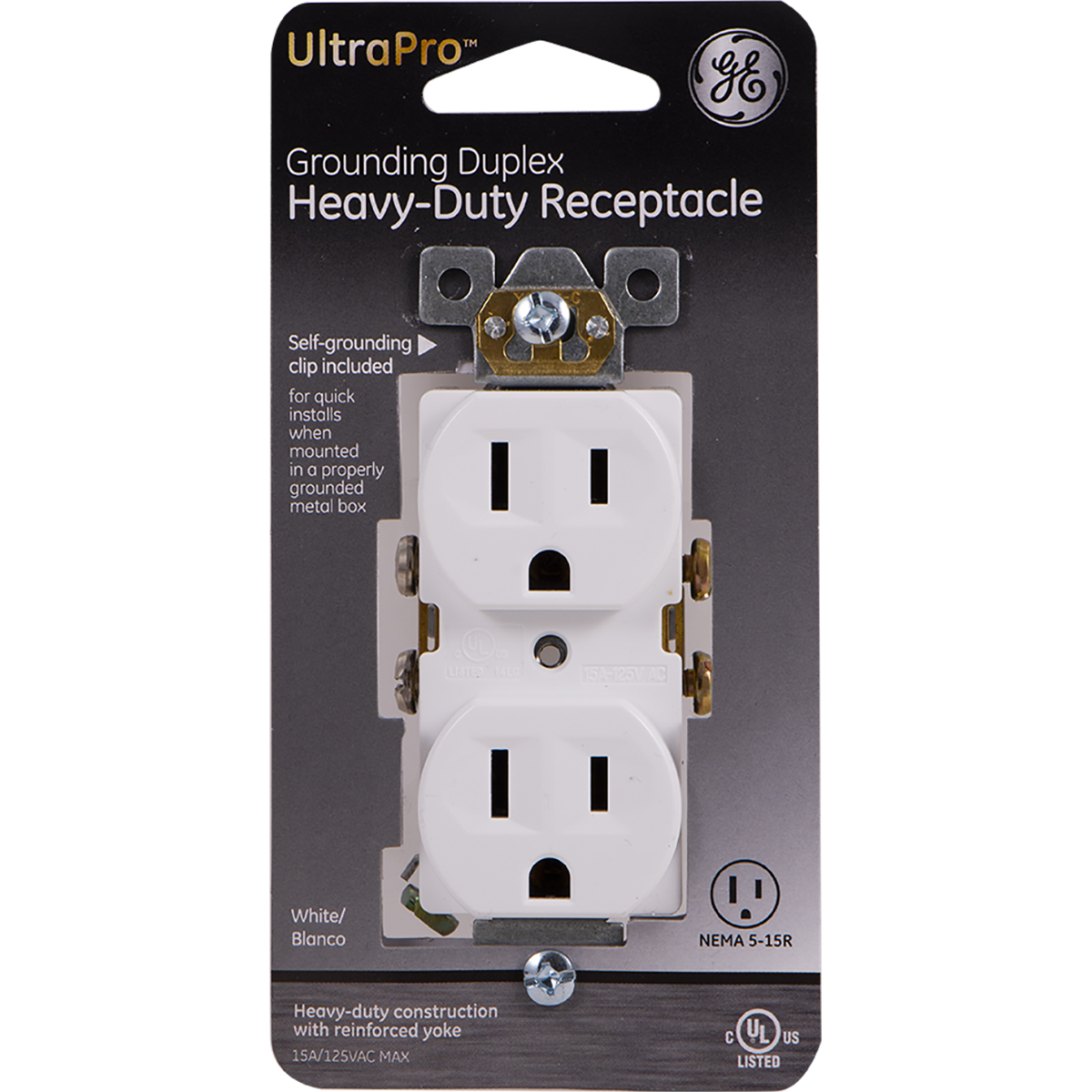 GE UltraPro Grounding Duplex Heavy-Duty Receptacle, White
