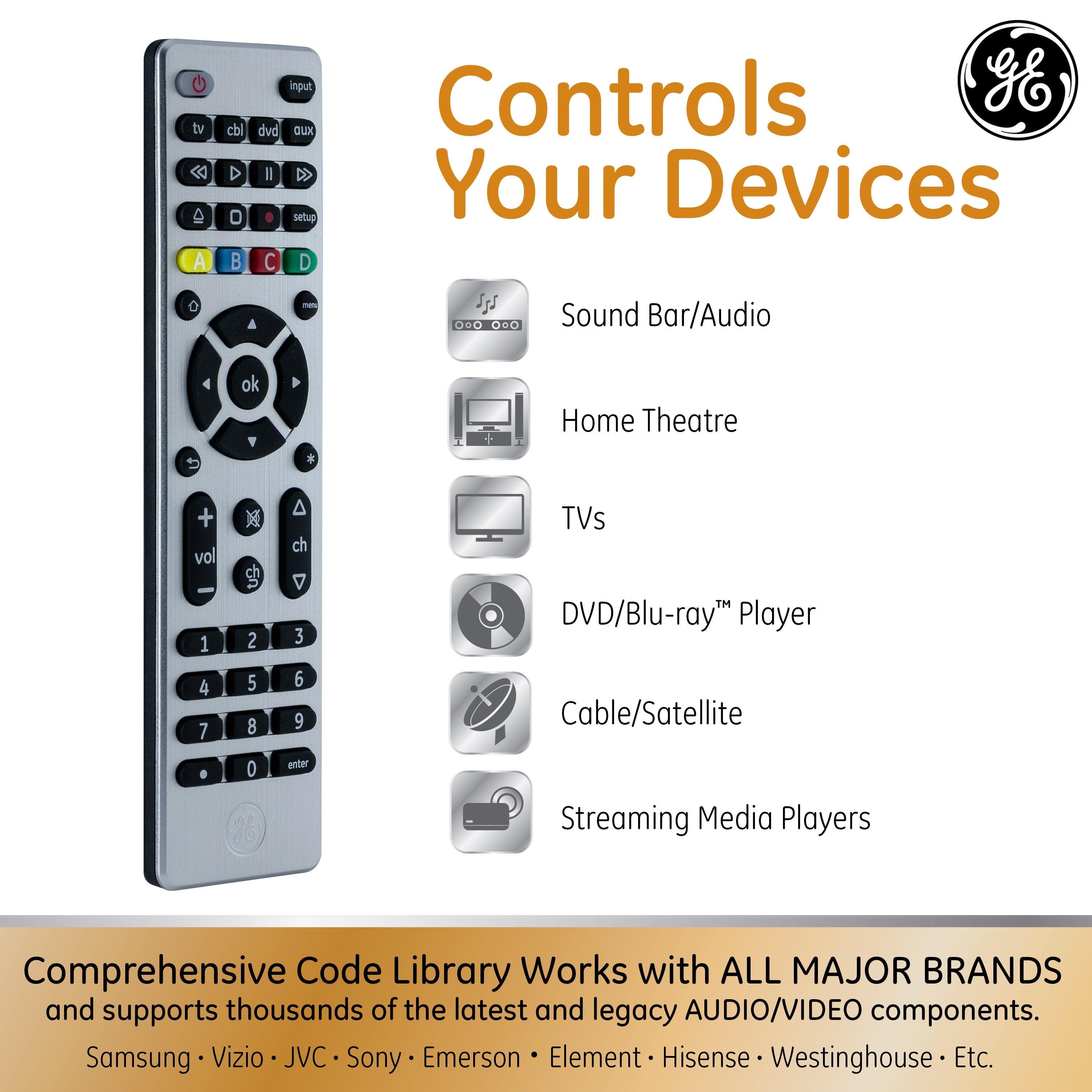 GE 4-Device Universal Remote, Brushed Silver