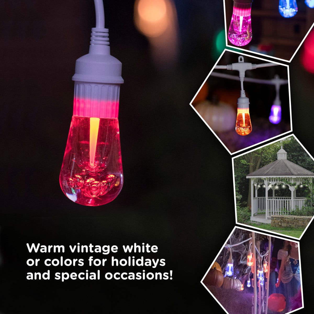 Enbrighten Light Bundle - Seasons Vintage Color-Changing LED Cafe Lights (12 Bulbs, 24ft. White Cord) and 12 Oil-Rubbed Bronze Cage Light Shades