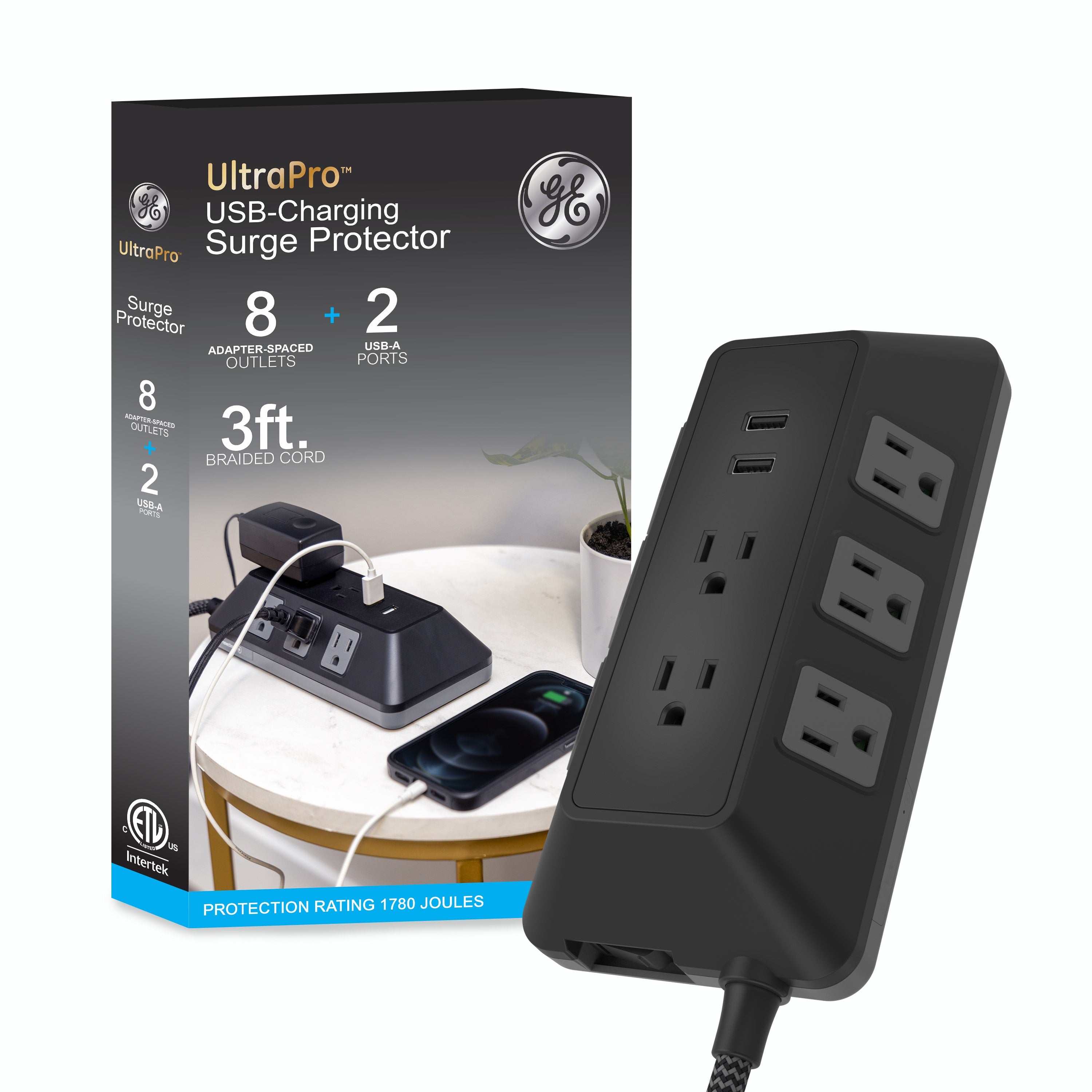 GE 8-Outlet 2-USB 3ft. Surge Protector with Adapter-Spaced Outlets, Black