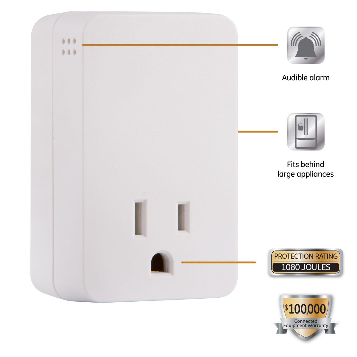 GE UltraPro 1-Outlet Wall Tap with Surge Protection and Audible Alarm, White
