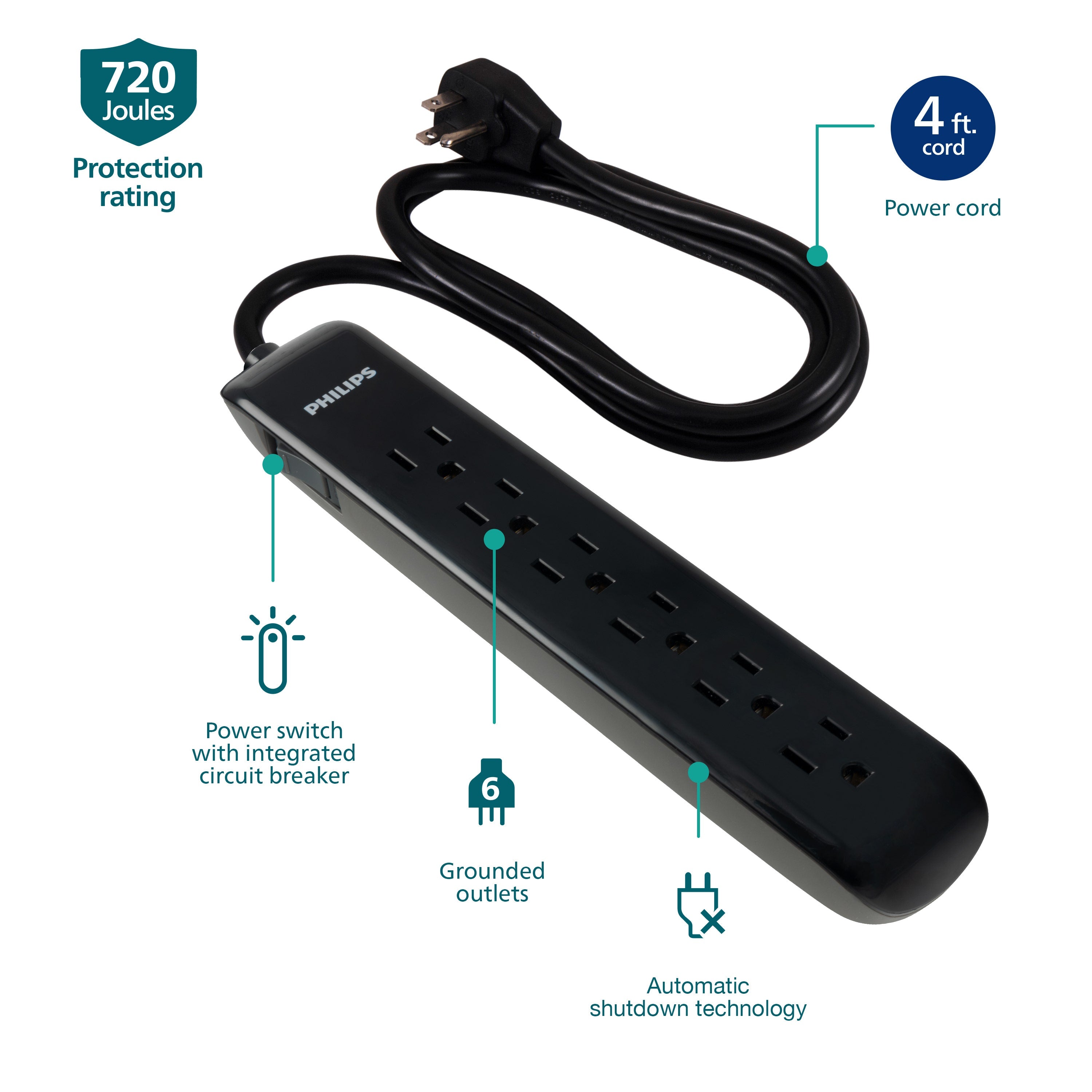 Philips 6-Outlet 4ft. Surge Protector, Black