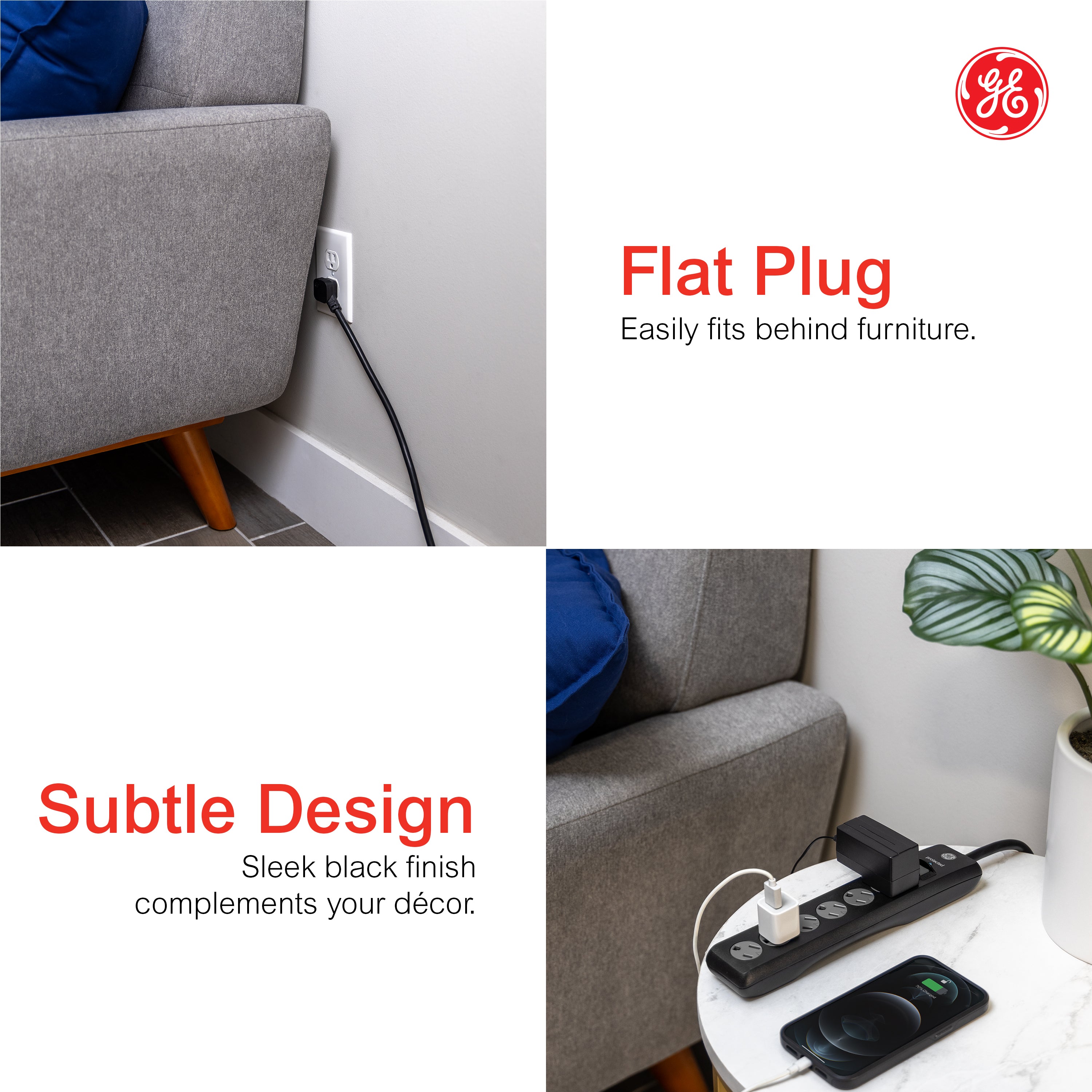 GE 6-Outlet Surge Protector Extension Cord, 800J, Black, 10ft., 2pk