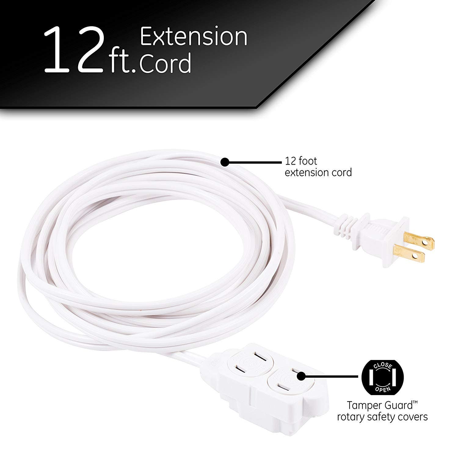 GE 3-Outlet 12ft. Extension Cord with Twist-to-Close Outlets, White