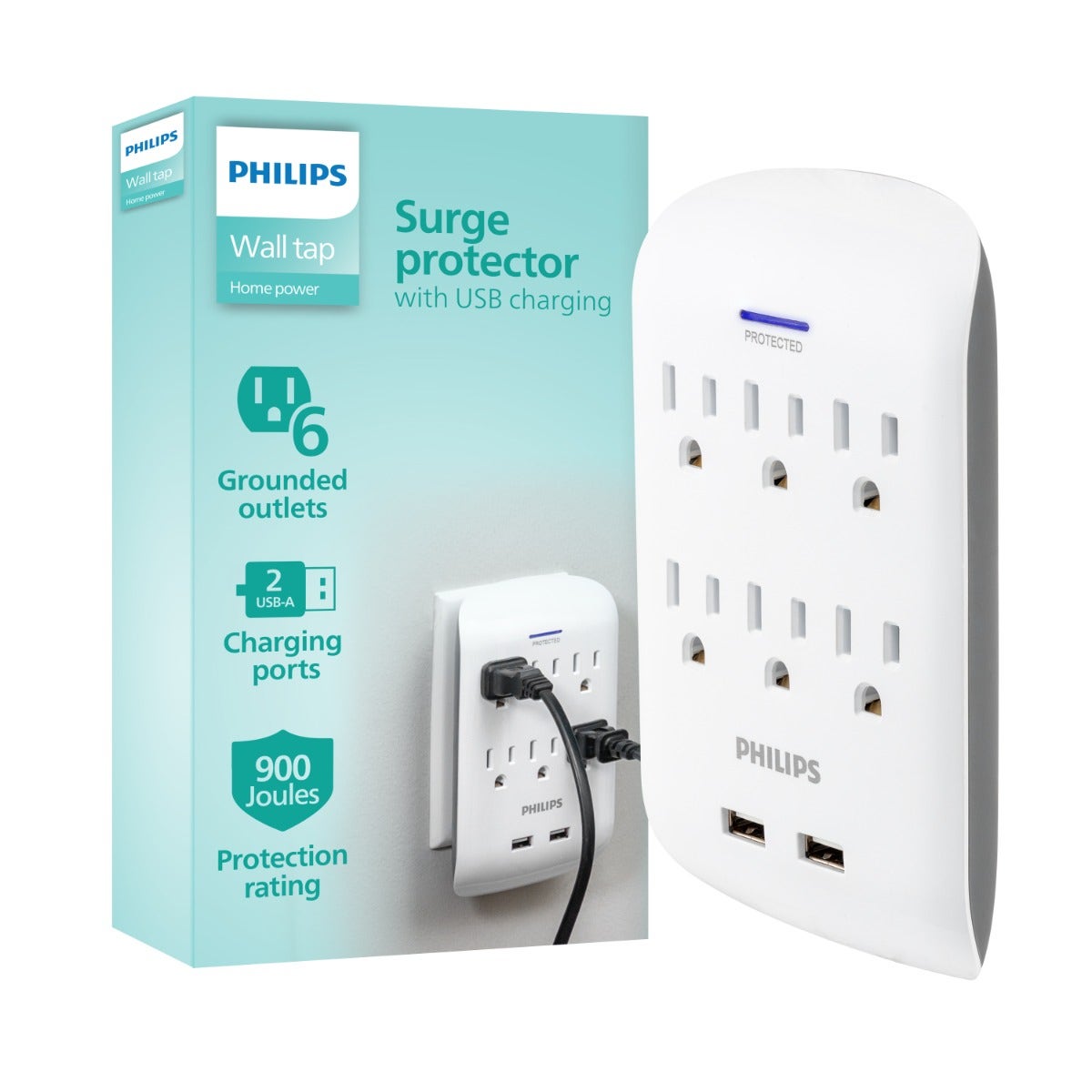 Philips 6-Outlet 2-USB Wall Tap with Surge Protection, White