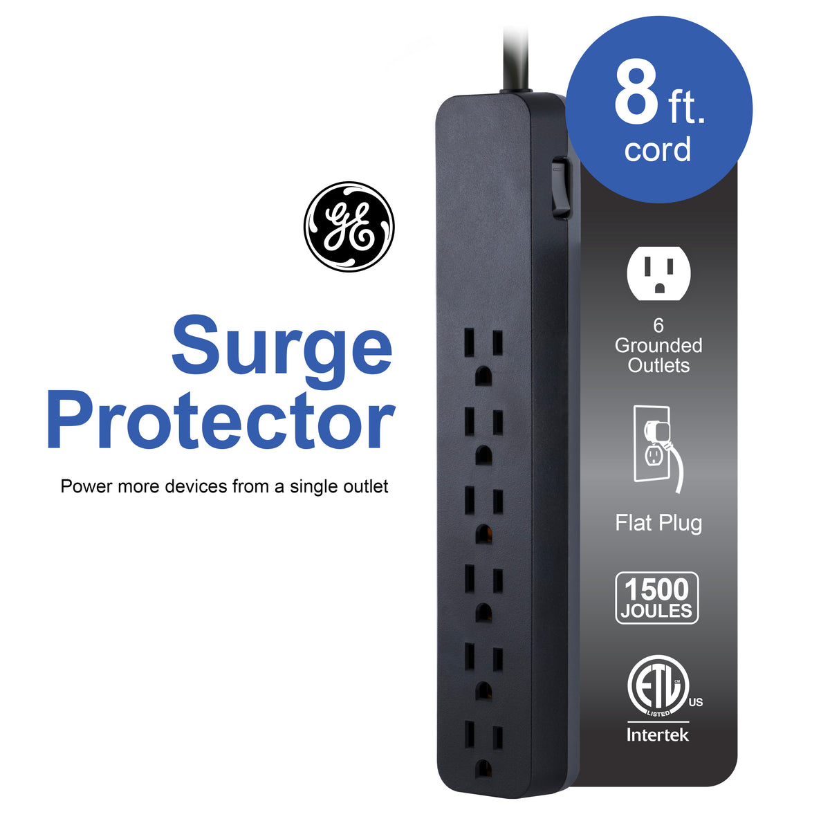 GE 6-Outlet Surge Protector, 1500J, 8ft. Black