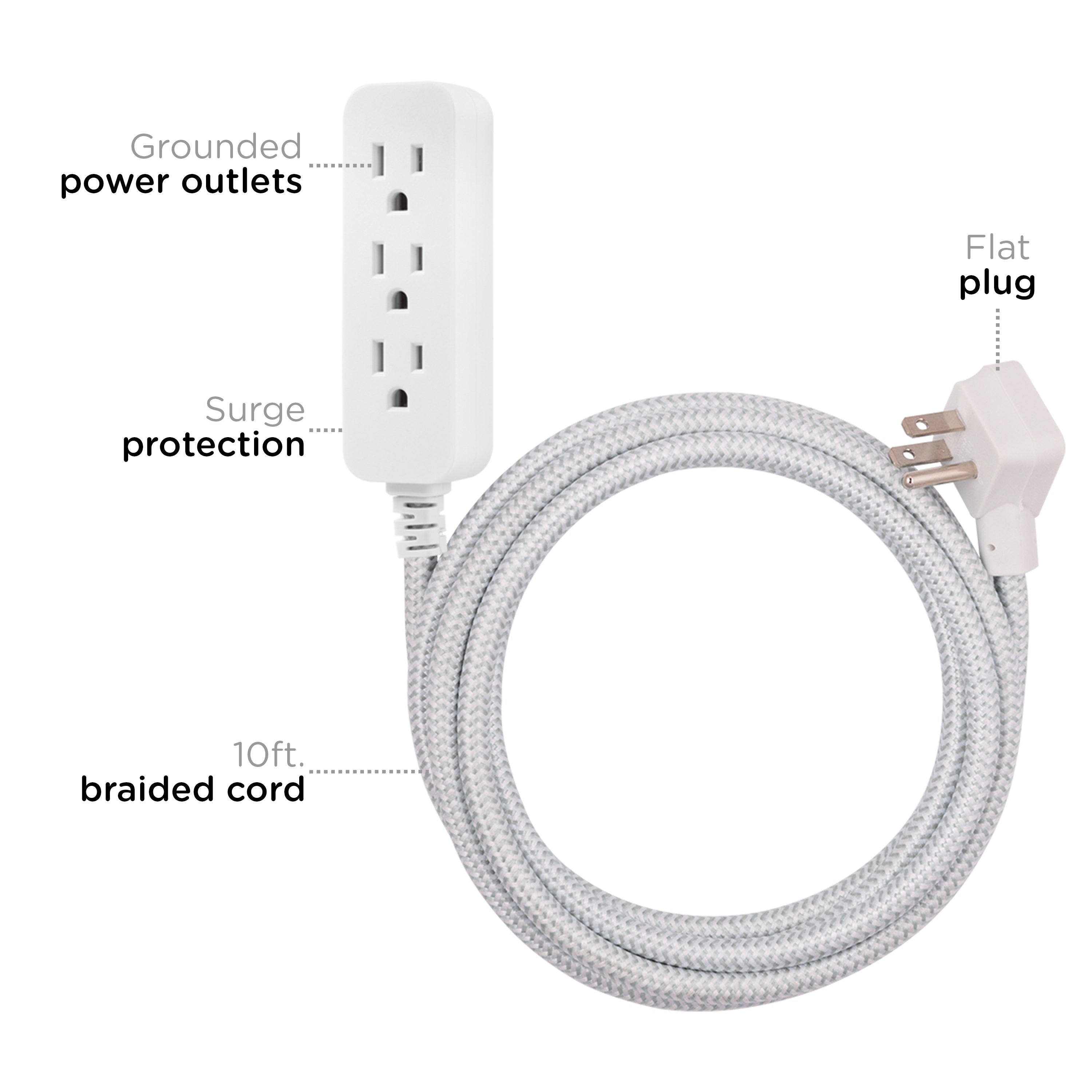 Cordinate 10ft. 3-Outlet Extension Cord, Gray/White