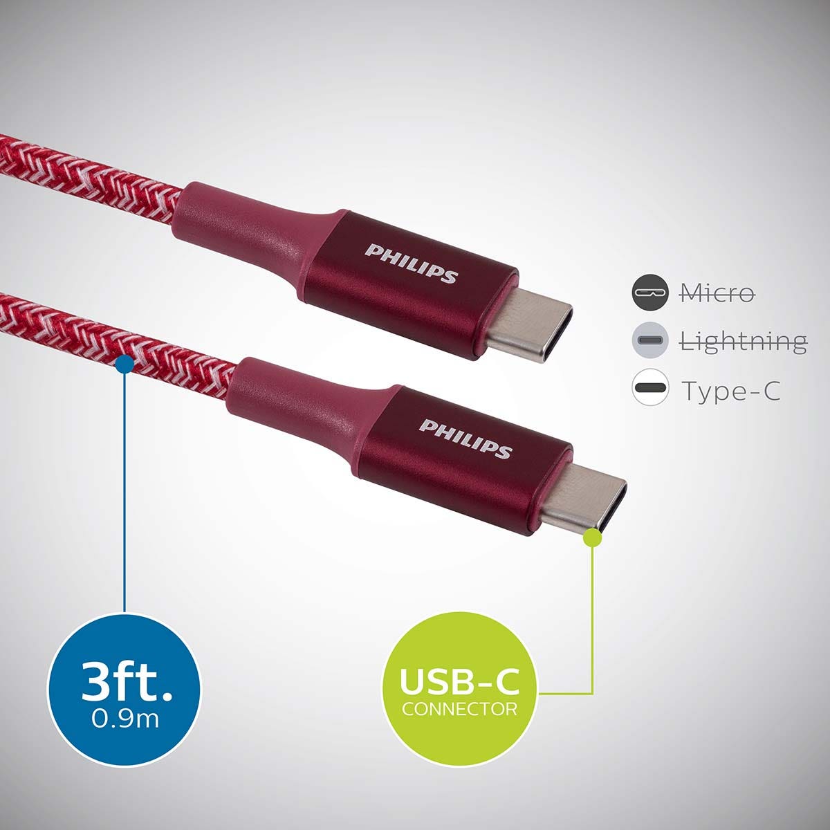 Philips 3ft. USB-C to USB-C Braided Charging Cable, Brick Red