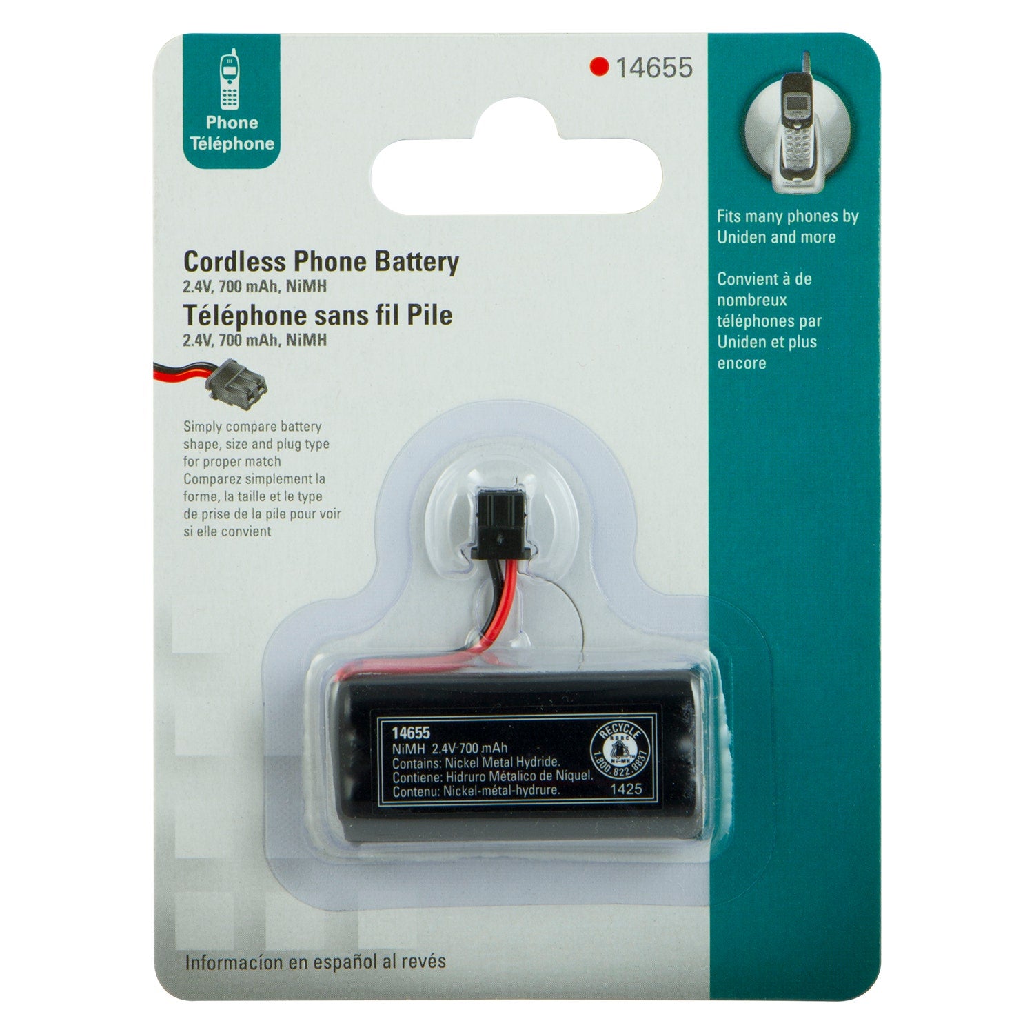 Power Gear Rechargeable Cordless Phone Battery, Nickel Metal Hydride, 2.4V, 700 mAh