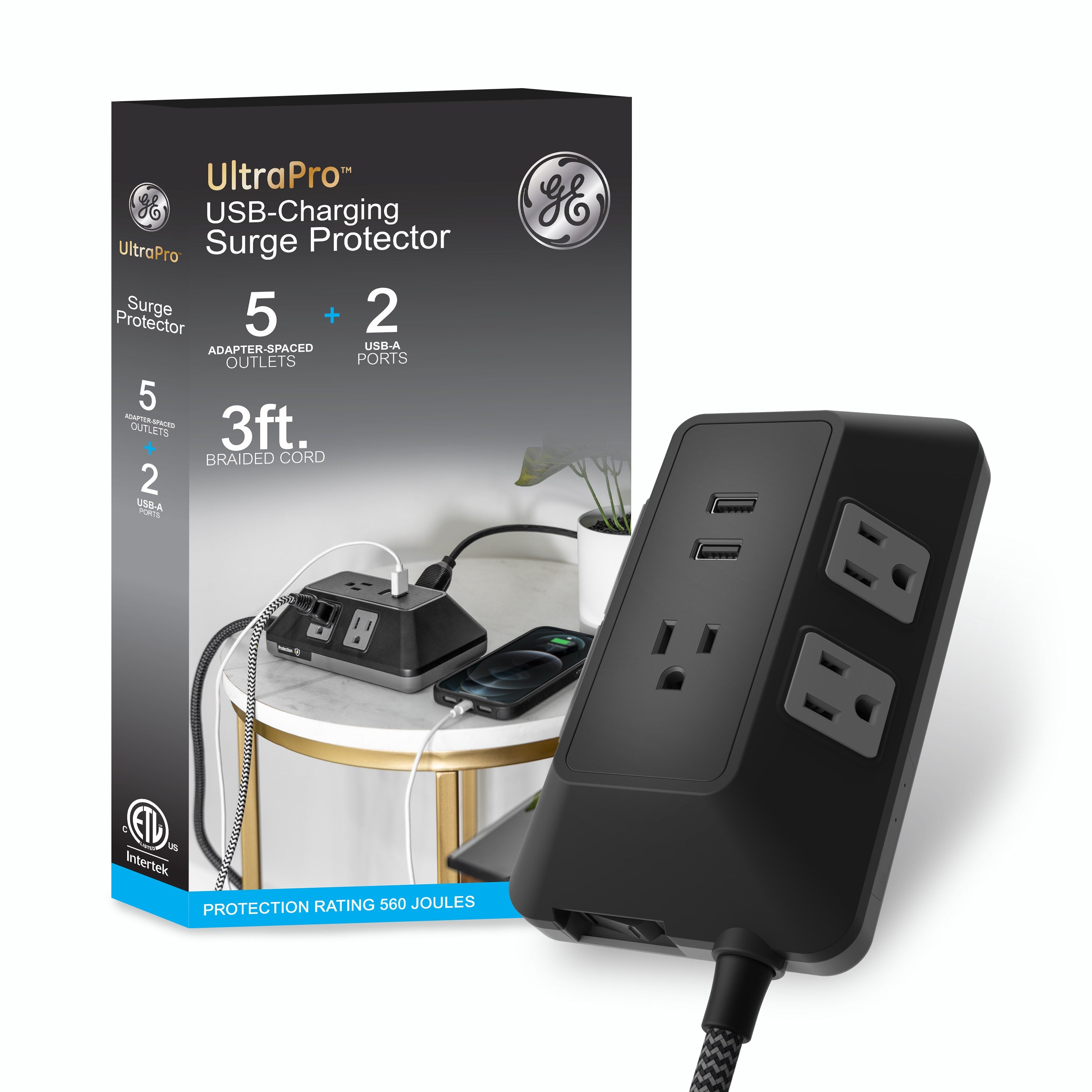 GE 5-Outlet 2-USB 3ft. Surge Protector with Adapter-Spaced Outlets, Black