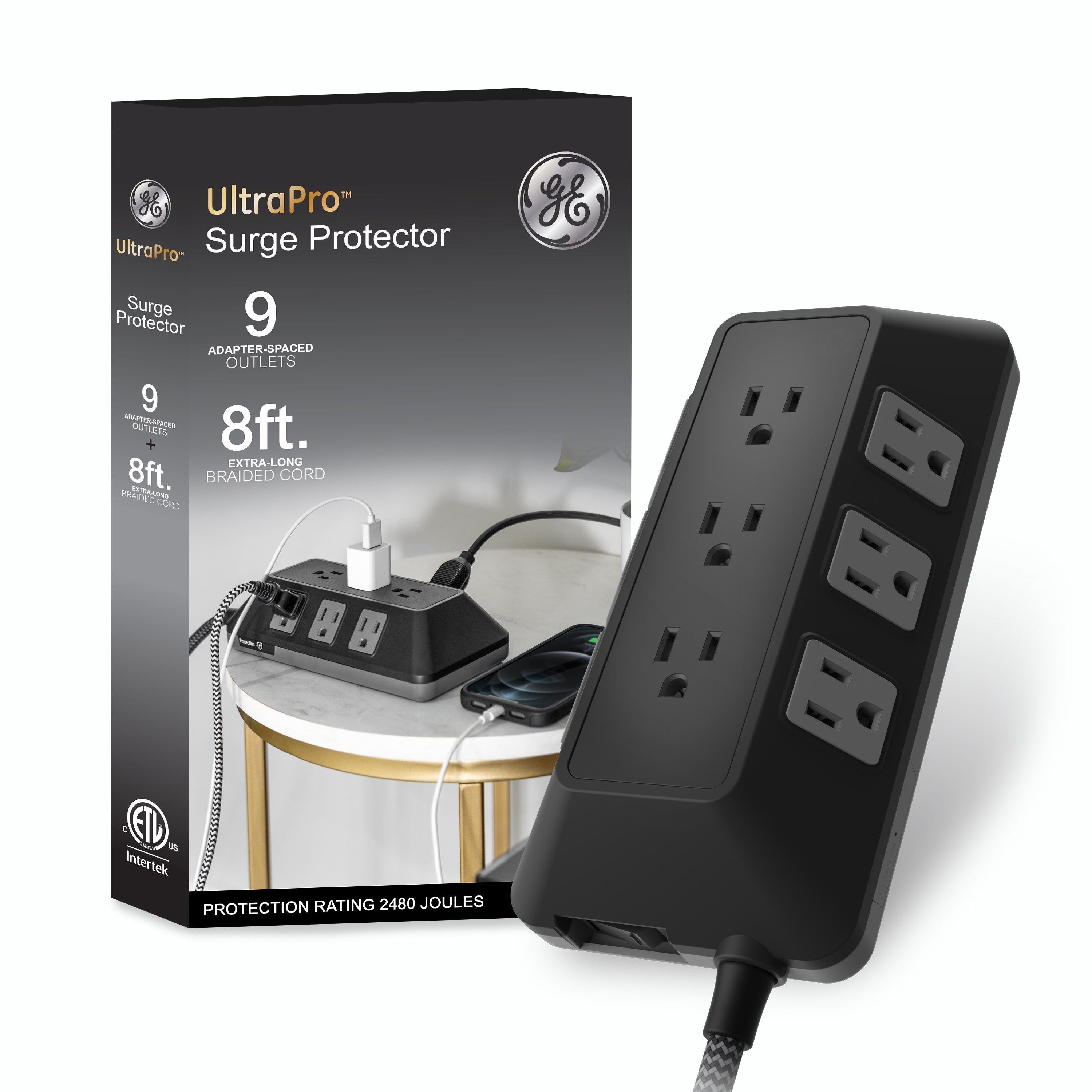GE 9-Outlet 8ft. Surge Protector with Adapter-Spaced Outlets, Black