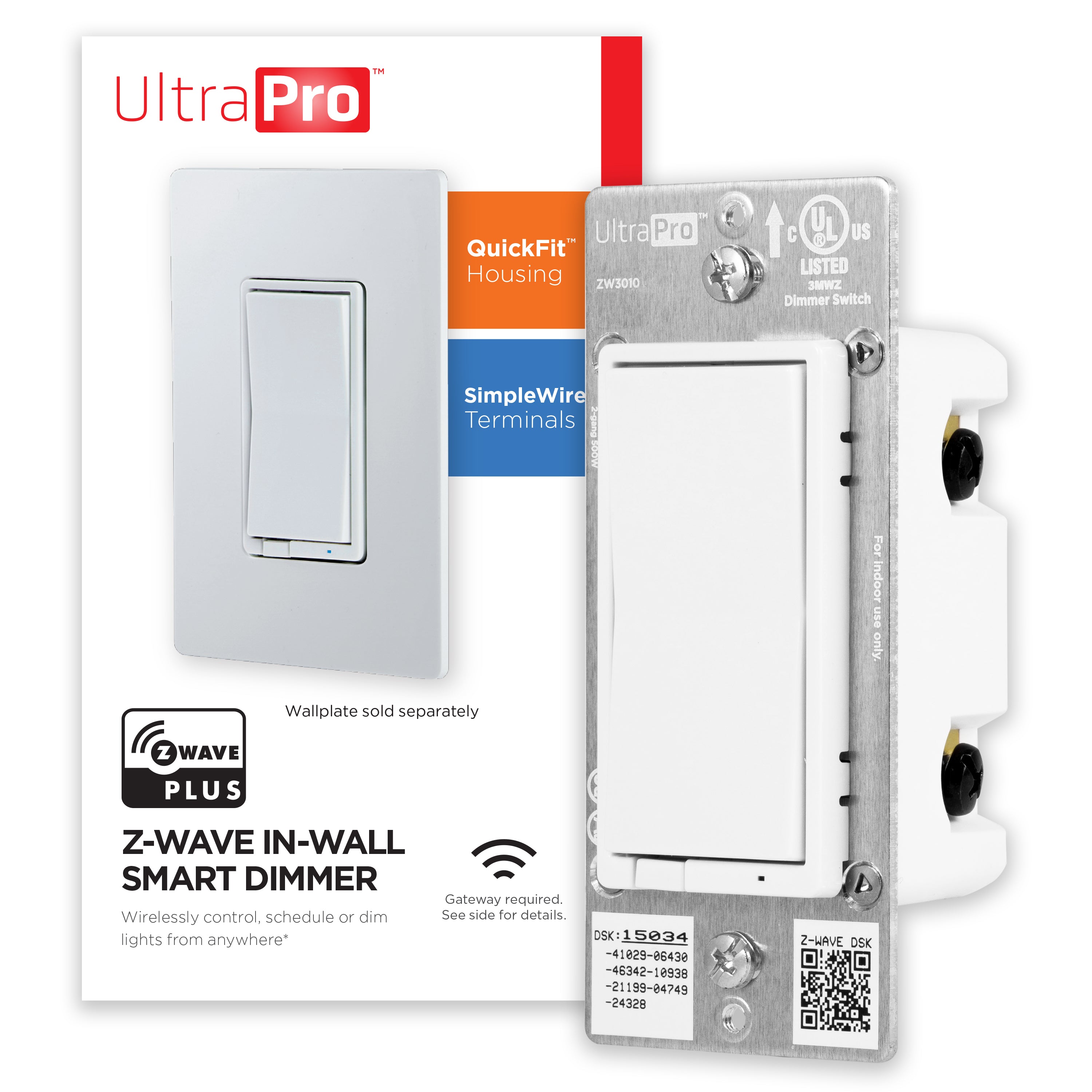 UltraPro Z-Wave In-Wall Smart Dimmer with QuickFit and SimpleWire, White