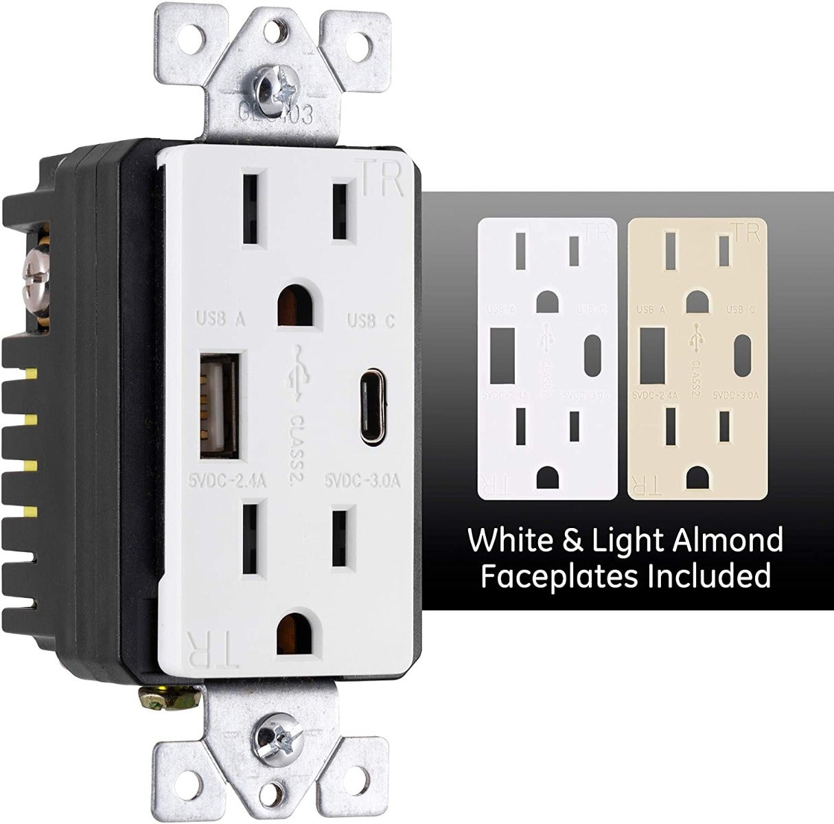 GE UltraPro 2-Outlet 1-USB-C 1-USB Tamper Resistant Receptacle with Changeable Faceplates, White/Almond