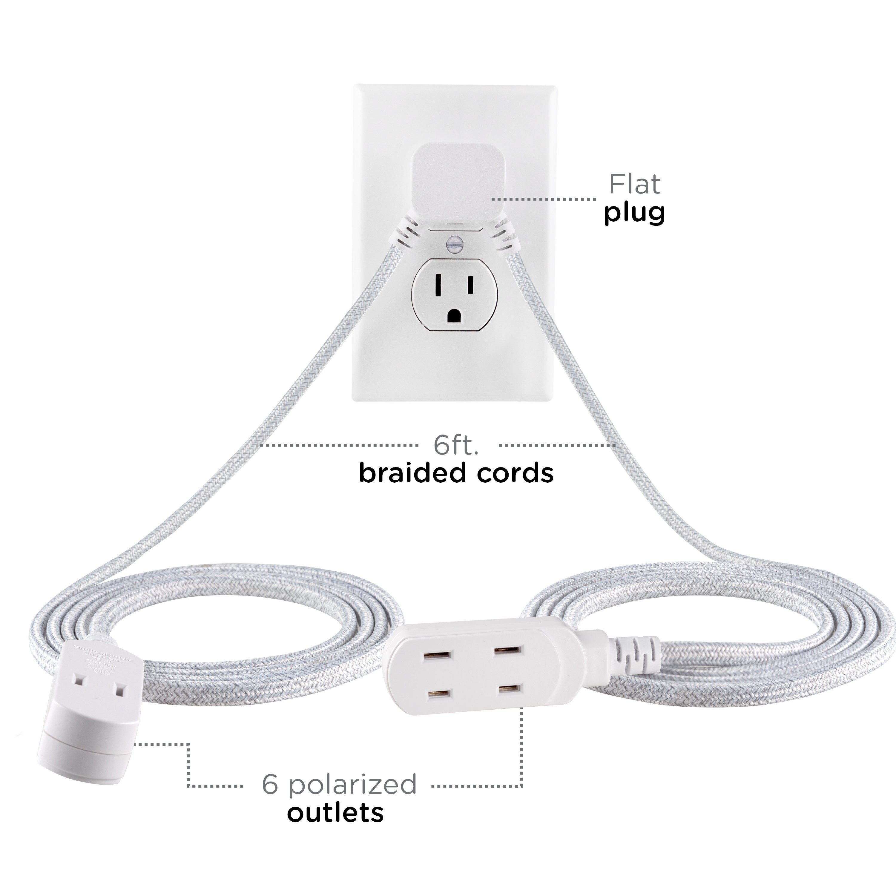 Cordinate 3-Outlet 12ft. Dual Split Extension Cord Braided, Indoor, White