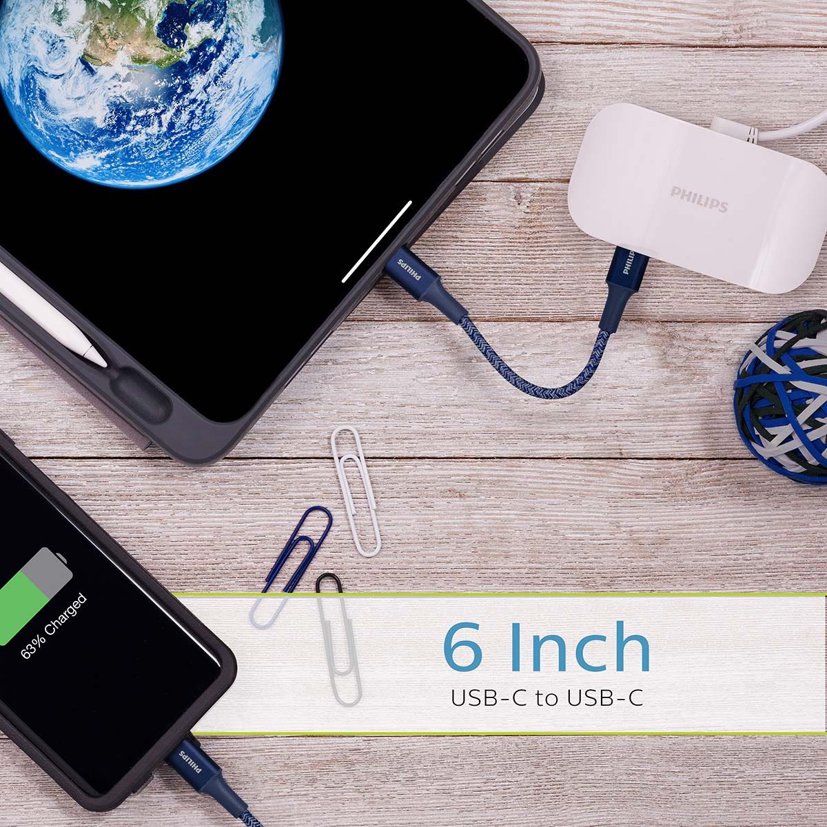 Philips 6in. USB-C to USB-C Braided Charging Cable, Blue