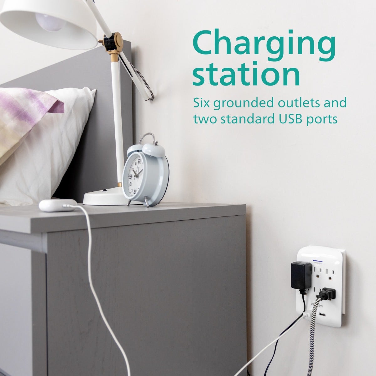 Philips 6-Outlet 2-USB Wall Tap with Surge Protection, White