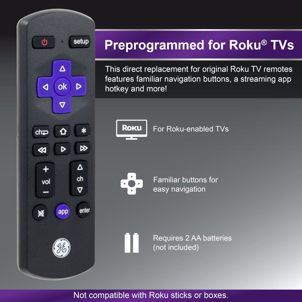 GE Roku TV Replacement Remote, Black