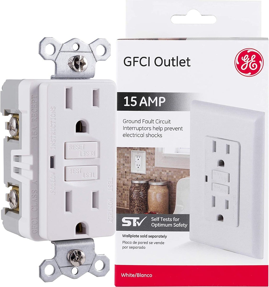 GE GFCI Receptacle with LED Indicator, White