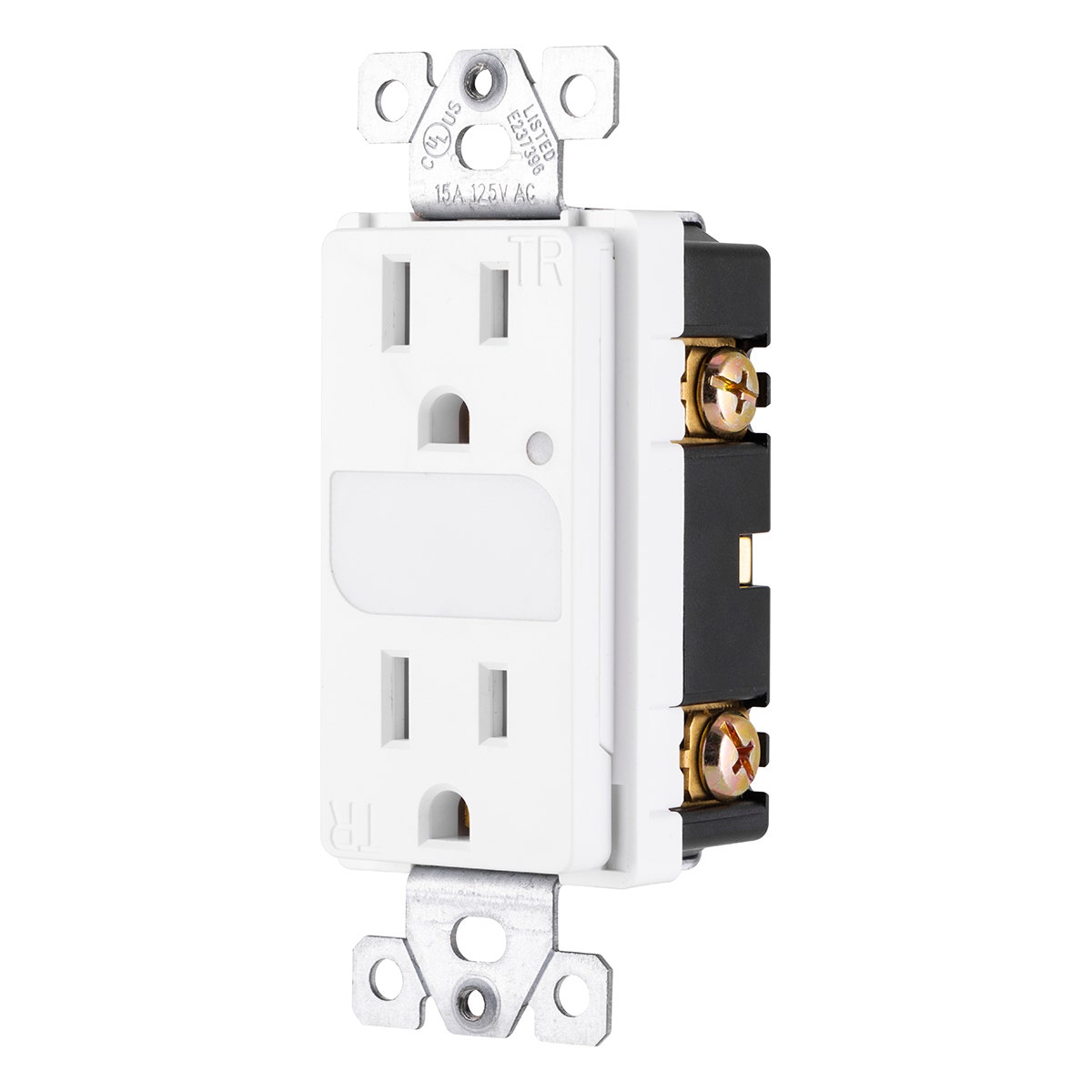 GE UltraPro Grounding Duplex Tamper Resistant Receptacle with Light Sensing Guide Light, White