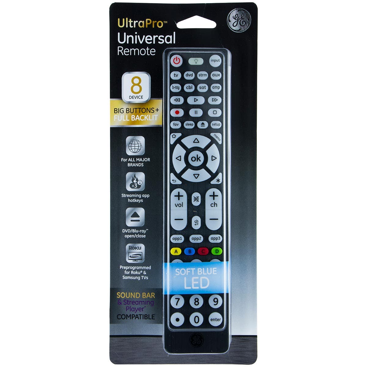 GE 8-Device Backlit Universal Remote, Black