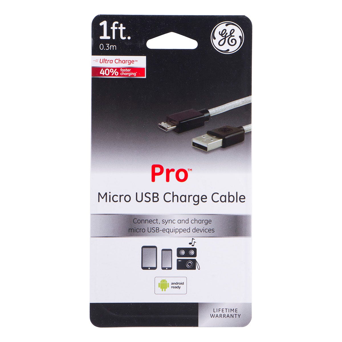 GE 1ft. Micro USB Charging Cable, Silver