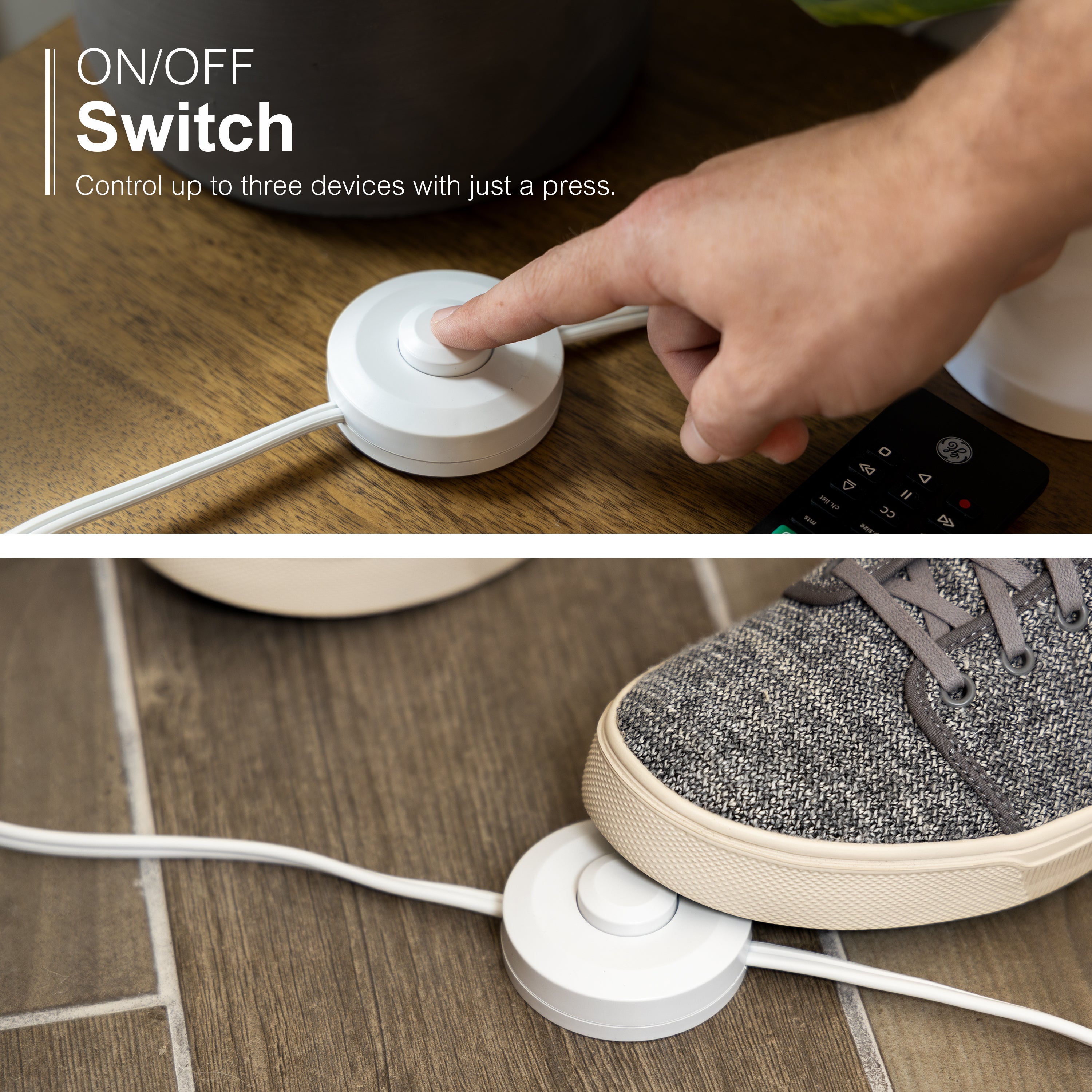 GE 3-Outlet Polarized Extension Cord, Indoor, Foot Switch, 16AWG, 9ft., White
